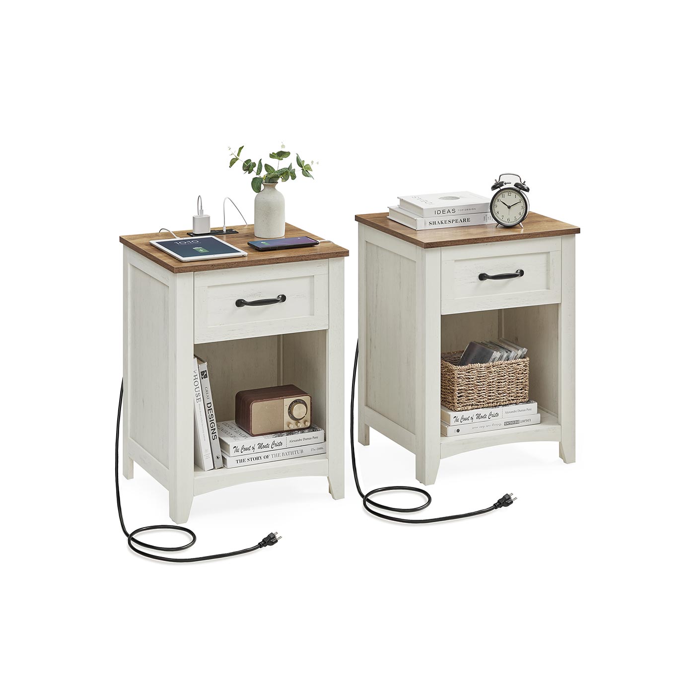 Farmhouse Nightstands with Charging Station, Set of 2