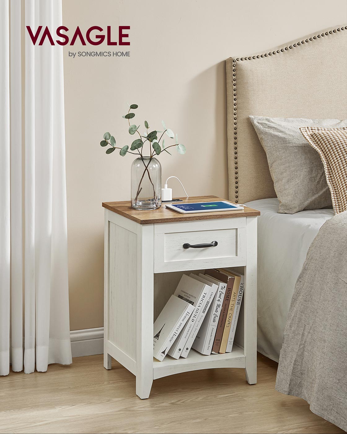 Farmhouse Nightstands with Charging Station, Set of 2