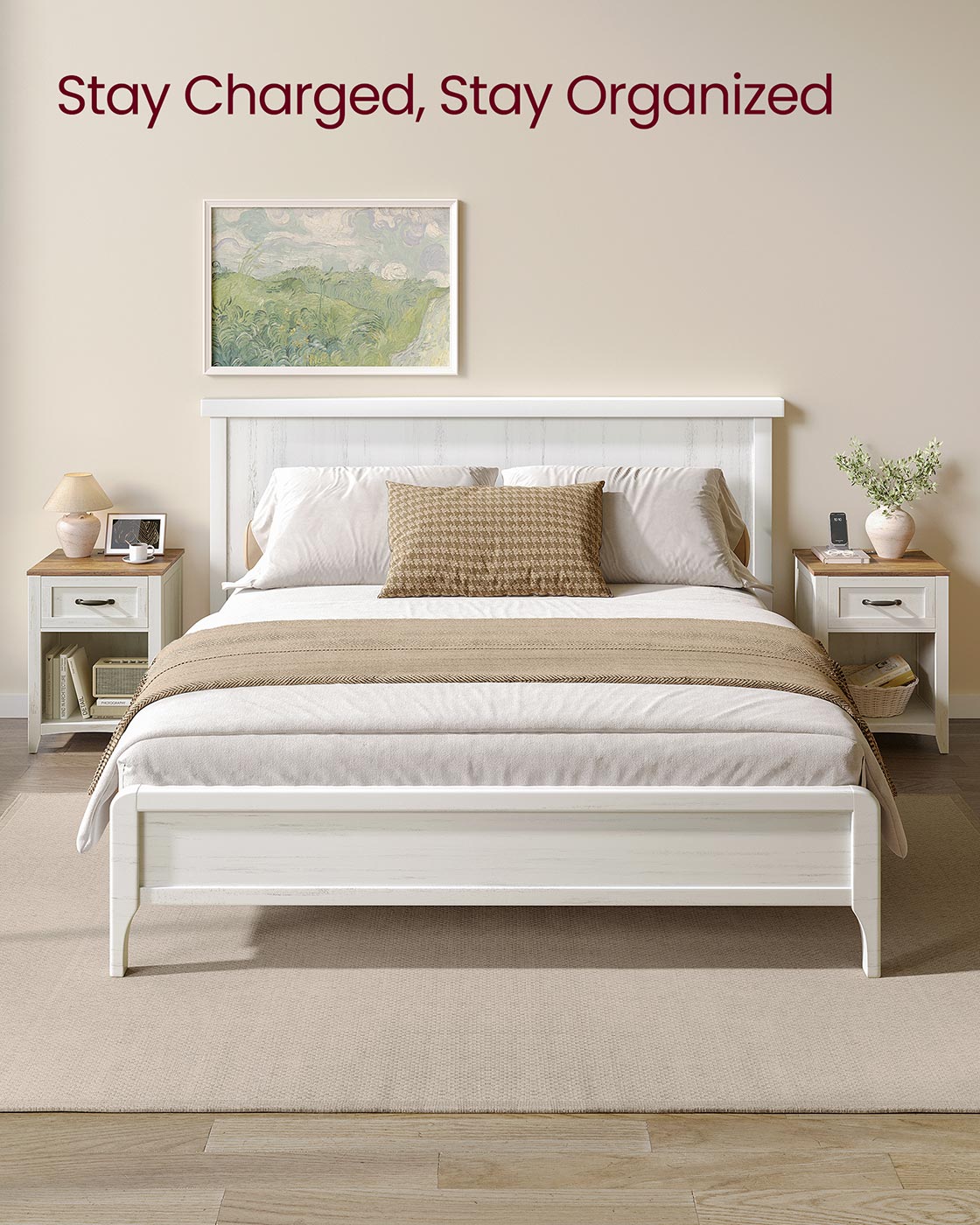 Farmhouse Nightstands with Charging Station, Set of 2