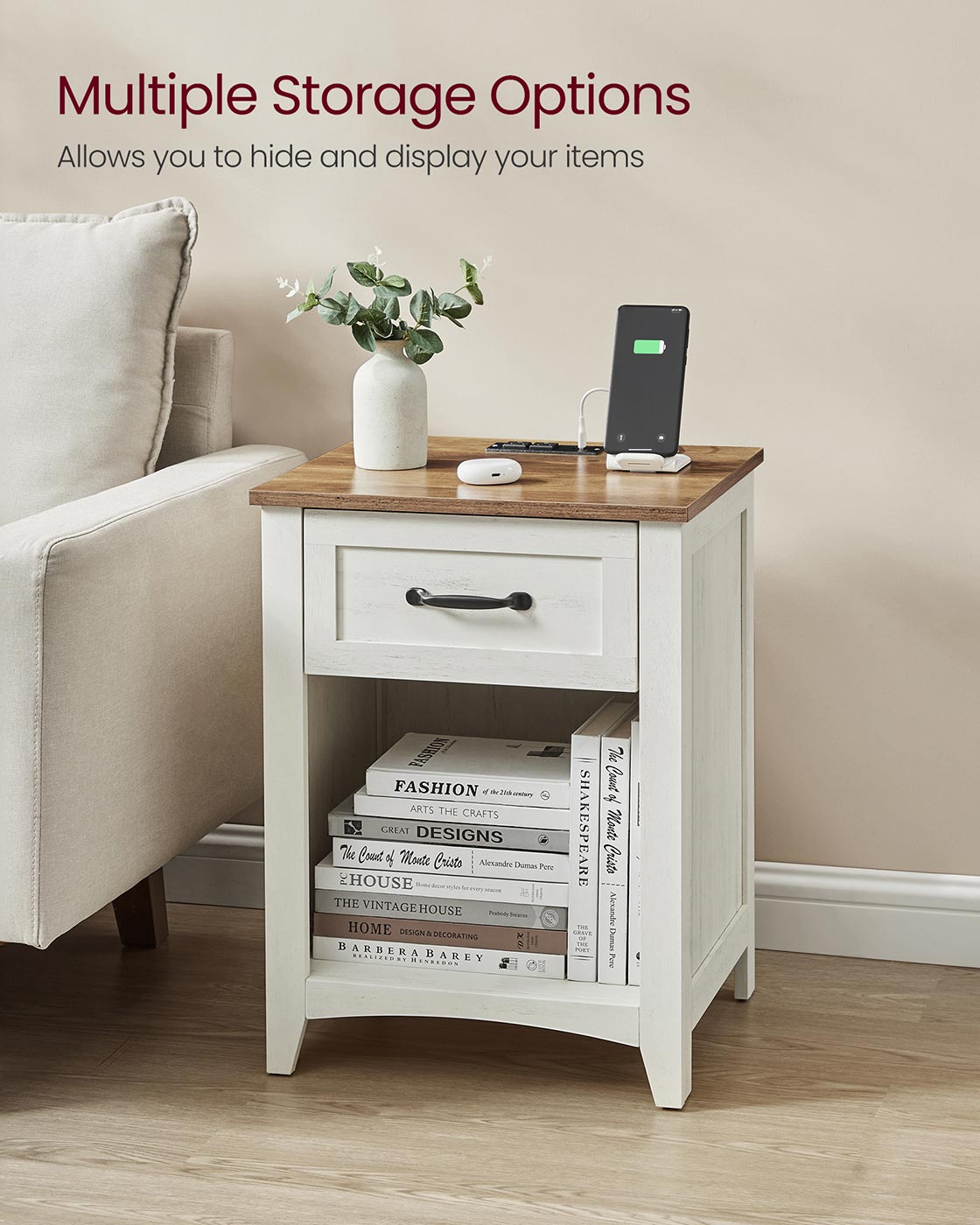 Farmhouse Nightstands with Charging Station, Set of 2