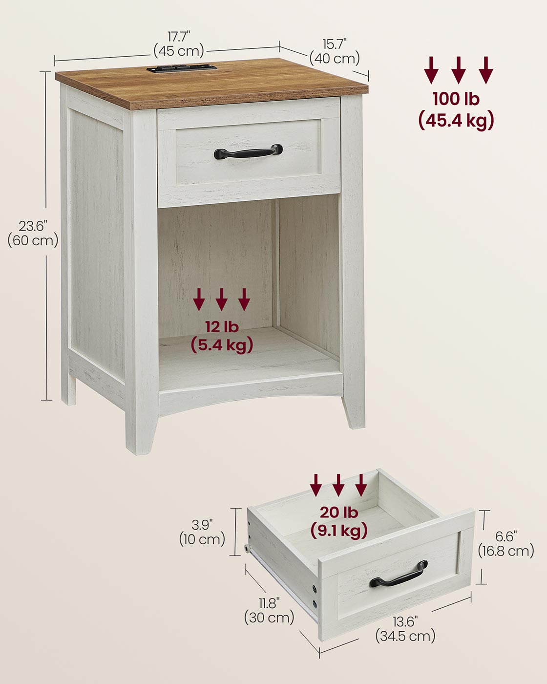 Farmhouse Nightstands with Charging Station, Set of 2