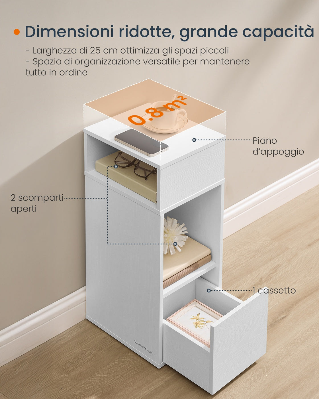 Slim Bedside Table, 1‑Pack Narrow Cabinet with Drawer