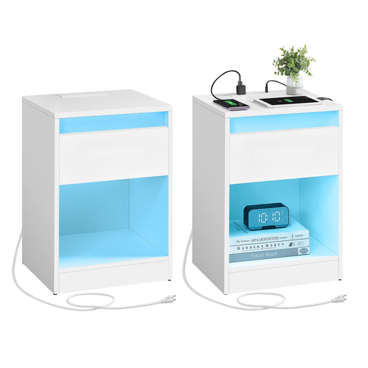 Set of 2 LED Nightstands with Charging Station, Adjustable Colors, 2 AC Outlets, 2 USB Ports, Bedside Tables, Side Tables with Drawer, 13.8 x 15.7 x 21.7 Inches, Cloud White