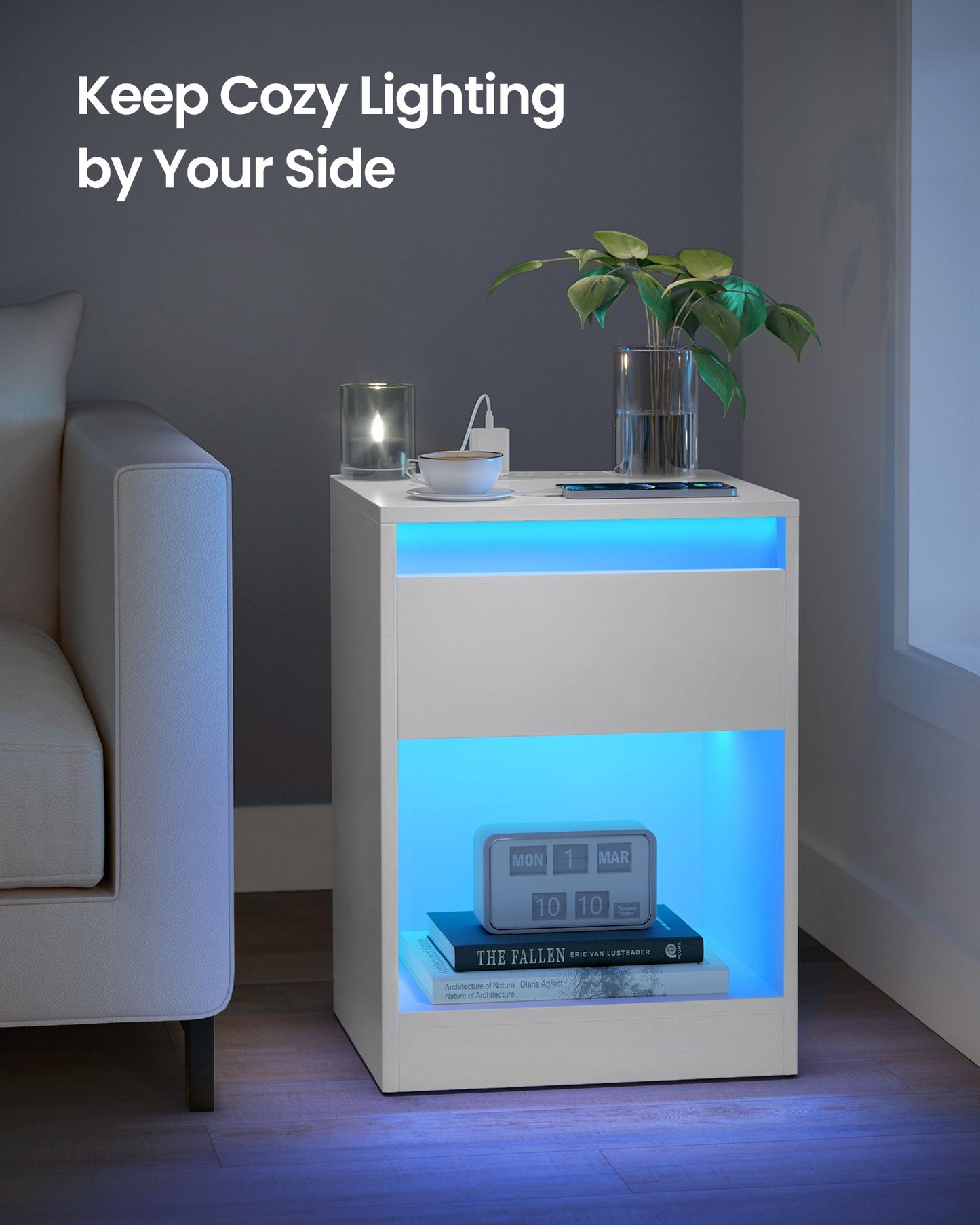 Set of 2 LED Nightstands with Charging Station, Adjustable Colors, 2 AC Outlets, 2 USB Ports, Bedside Tables, Side Tables with Drawer, 13.8 x 15.7 x 21.7 Inches, Cloud White