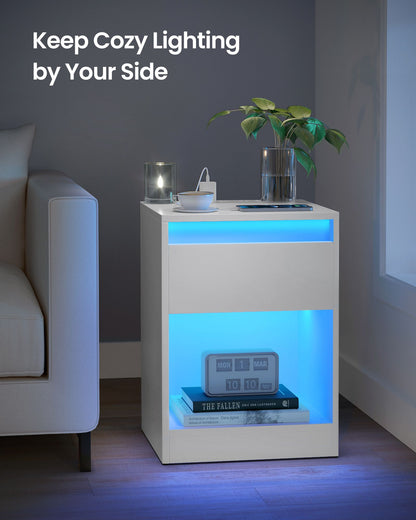 Set of 2 LED Nightstands with Charging Station, Adjustable Colors, 2 AC Outlets, 2 USB Ports, Bedside Tables, Side Tables with Drawer, 13.8 x 15.7 x 21.7 Inches, Cloud White