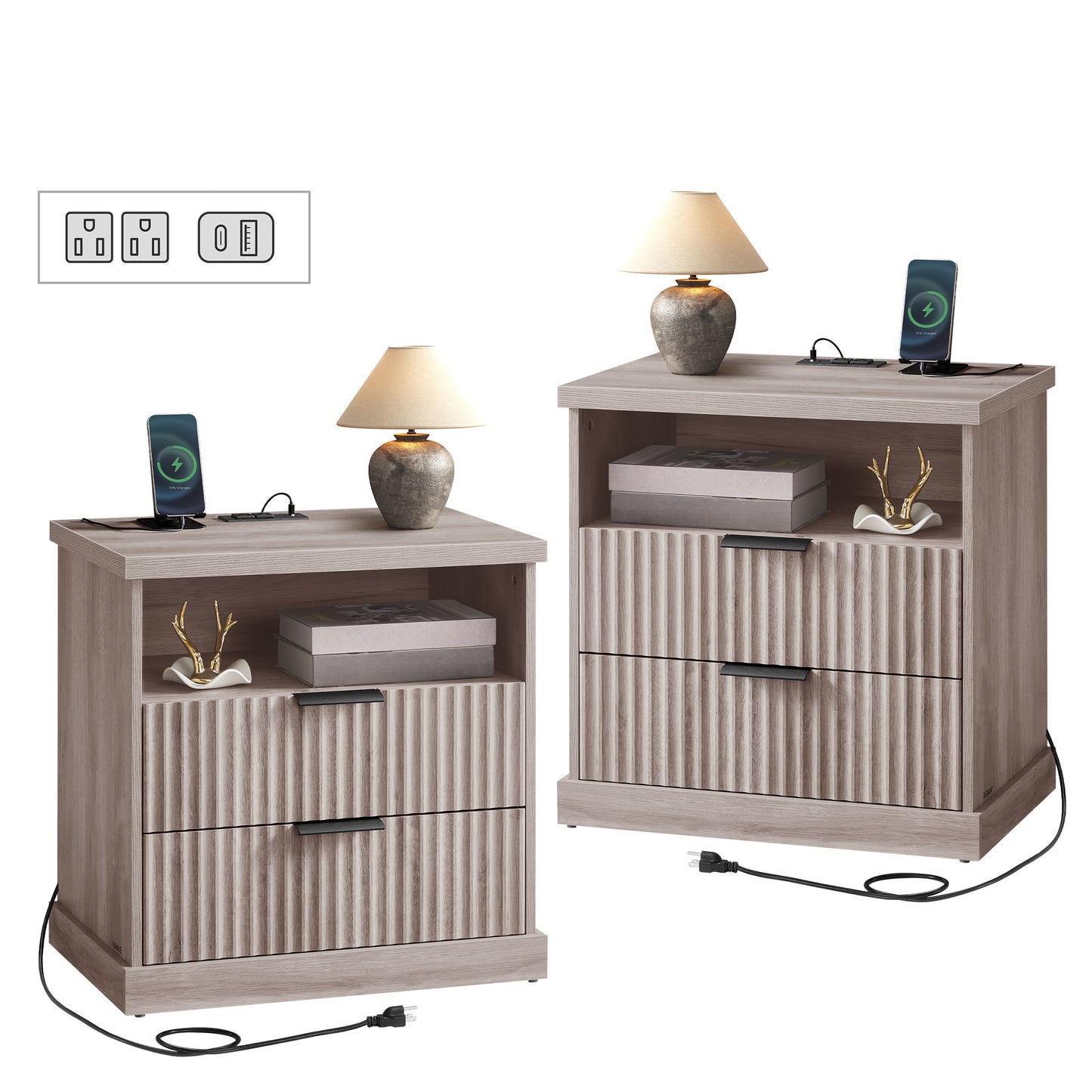 MAXE Collection - Set of 2 Nightstands with Charging Station, Bedside Table, Side End Table with 2 Drawers - HWLEXTRA 