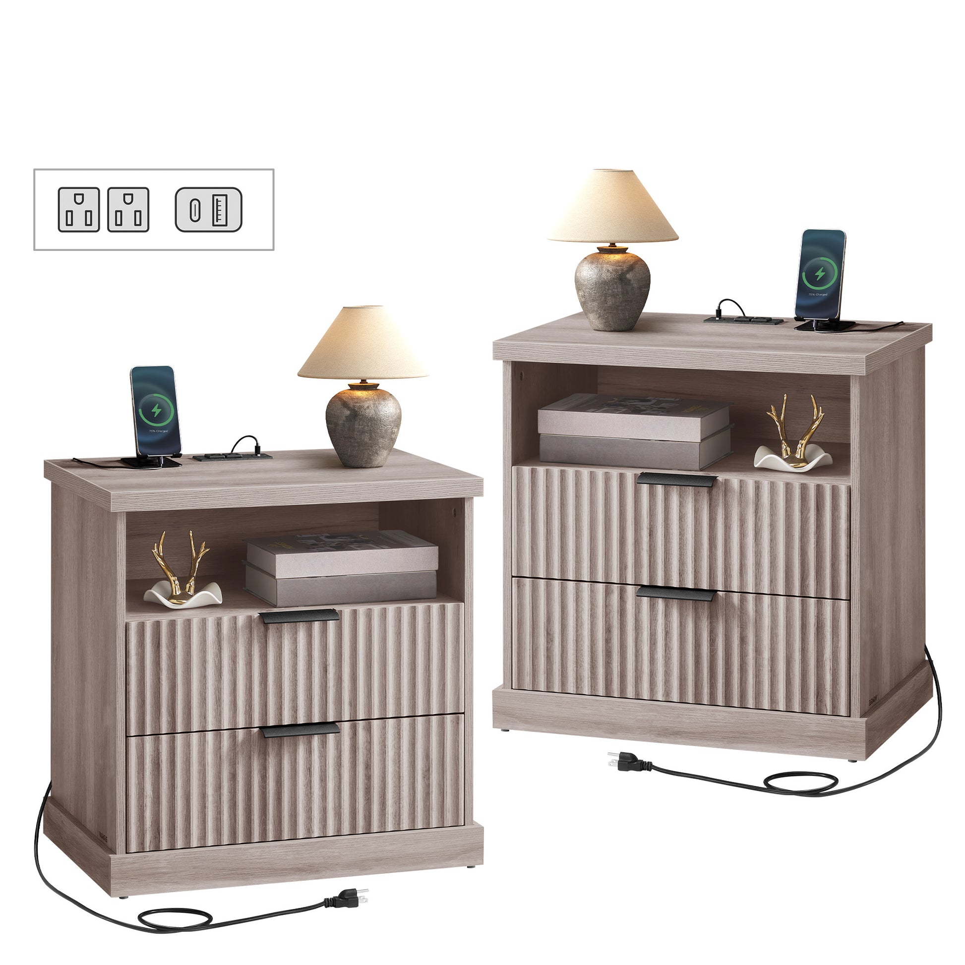 MAXE Collection - Set of 2 Nightstands with Charging Station, Bedside Table, Side End Table with 2 Drawers - HWLEXTRA 