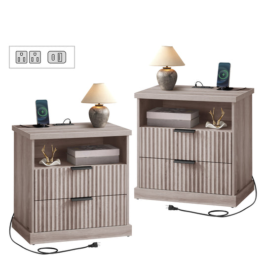 MAXE Collection - Set of 2 Nightstands with Charging Station, Bedside Table, Side End Table with 2 Drawers - HWLEXTRA 