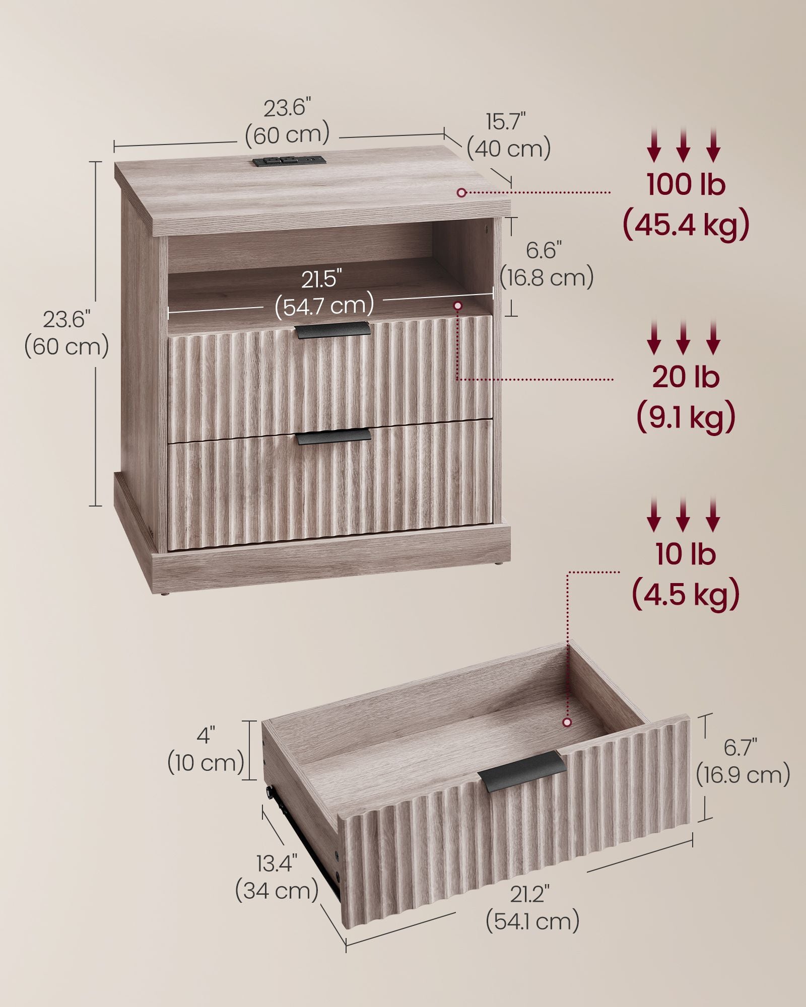 MAXE Collection - Set of 2 Nightstands with Charging Station, Bedside Table, Side End Table with 2 Drawers - HWLEXTRA 