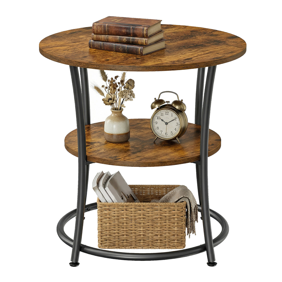 Industrial End Table with 2 Shelves, Small Round Side Table for Living Room, Bedroom, Easy to Assemble