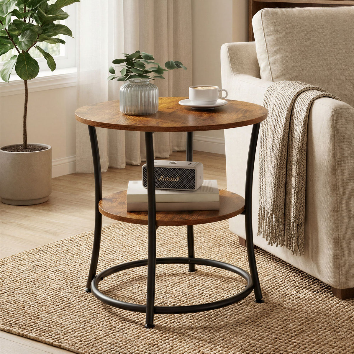 Industrial End Table with 2 Shelves, Small Round Side Table for Living Room, Bedroom, Easy to Assemble