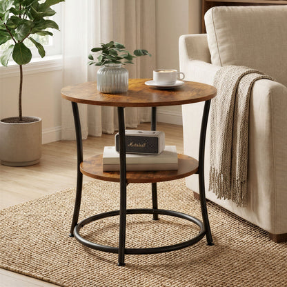 Industrial End Table with 2 Shelves, Small Round Side Table for Living Room, Bedroom, Easy to Assemble