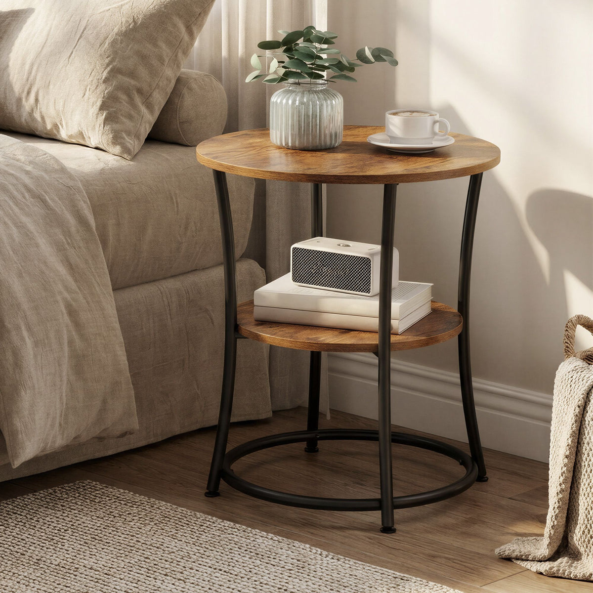 Industrial End Table with 2 Shelves, Small Round Side Table for Living Room, Bedroom, Easy to Assemble