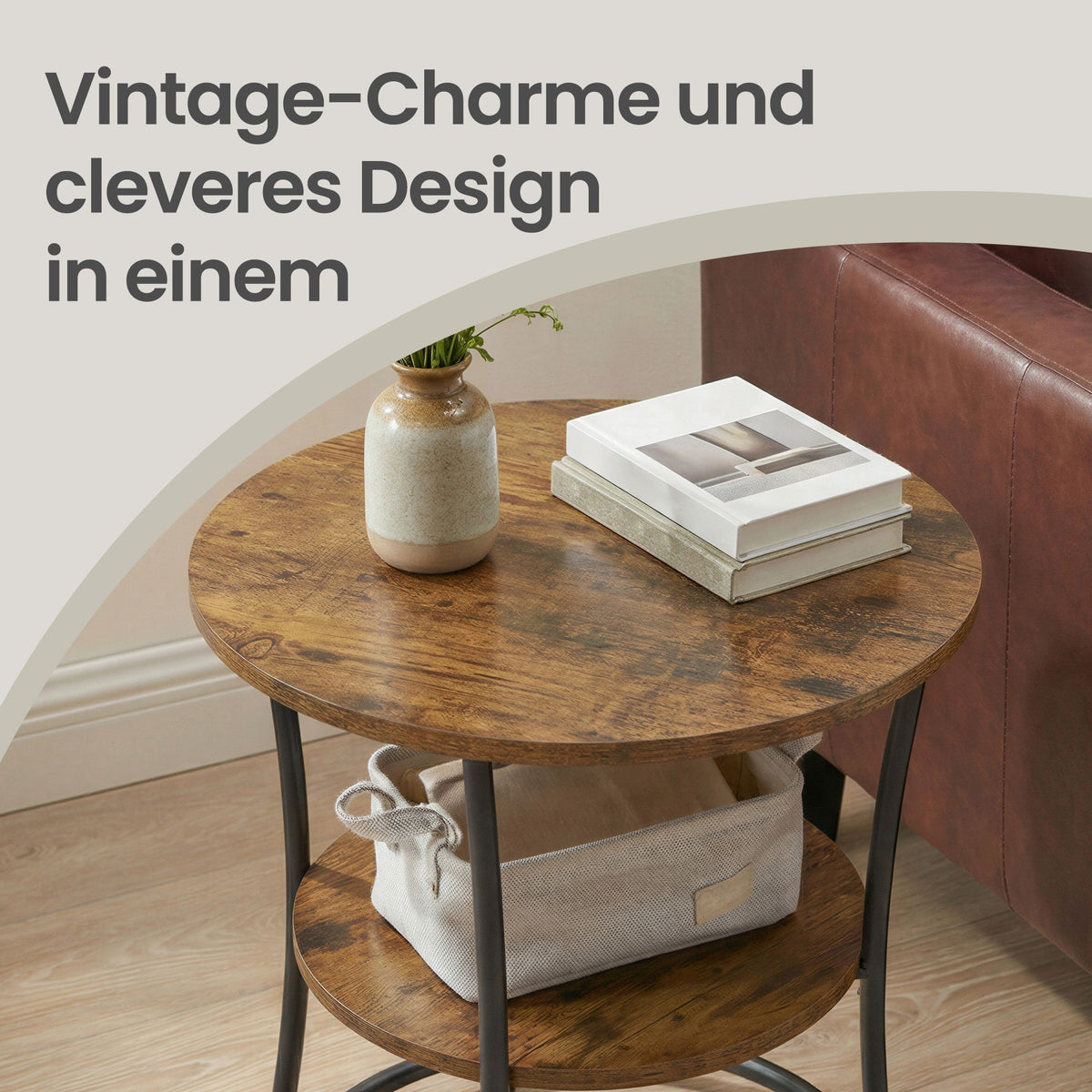 Industrial End Table with 2 Shelves, Small Round Side Table for Living Room, Bedroom, Easy to Assemble