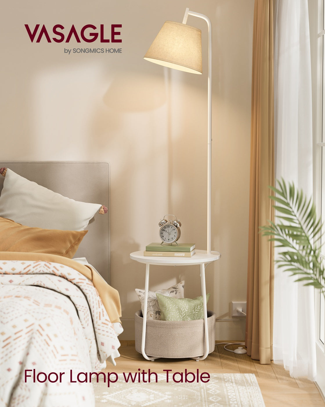 End Table with Lamp, 3-in-1 Floor Lamp with Table and Fabric Basket for Living Room, Tunable LED Bulb Included