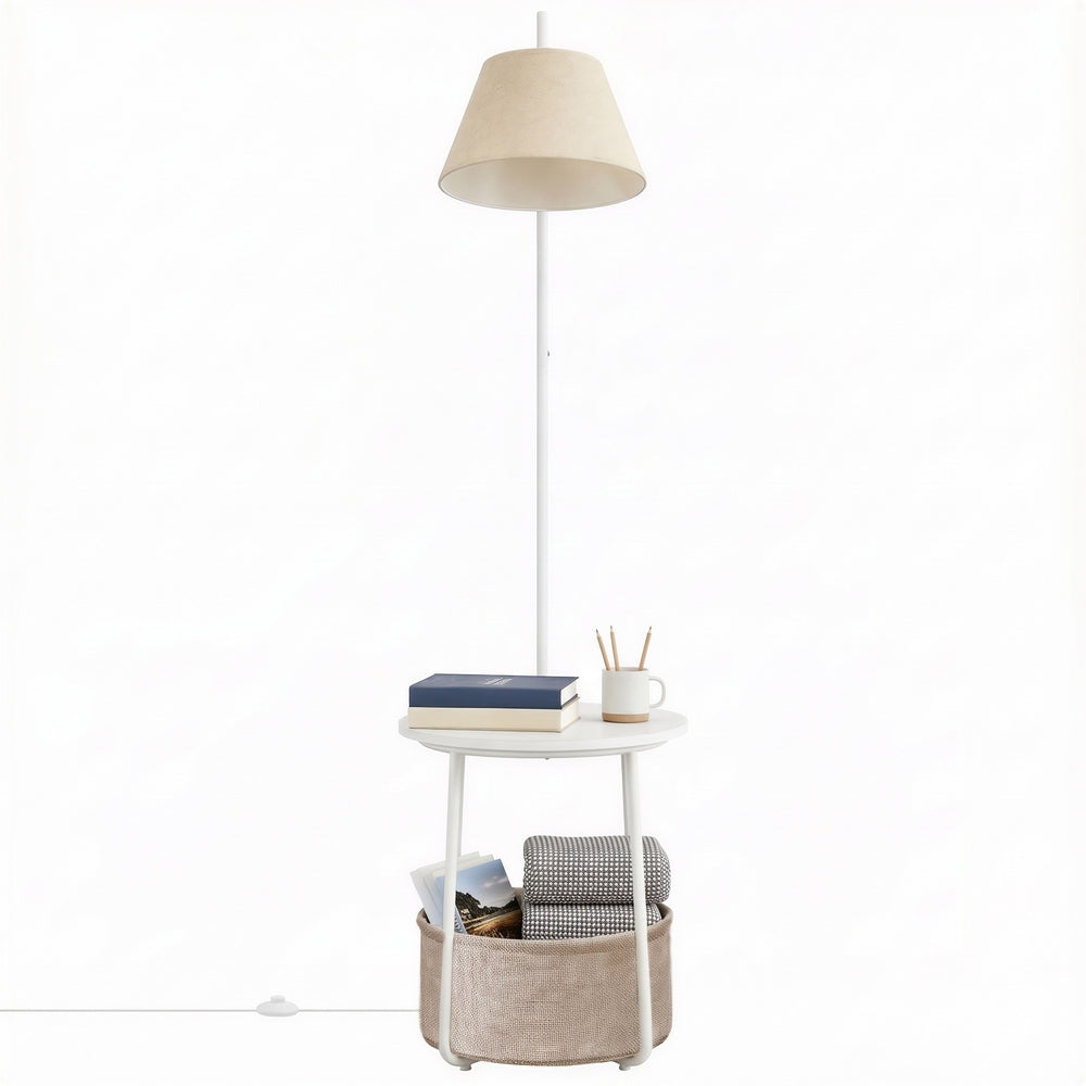 White LED Floor Lamp with Side Table and Fabric Basket
