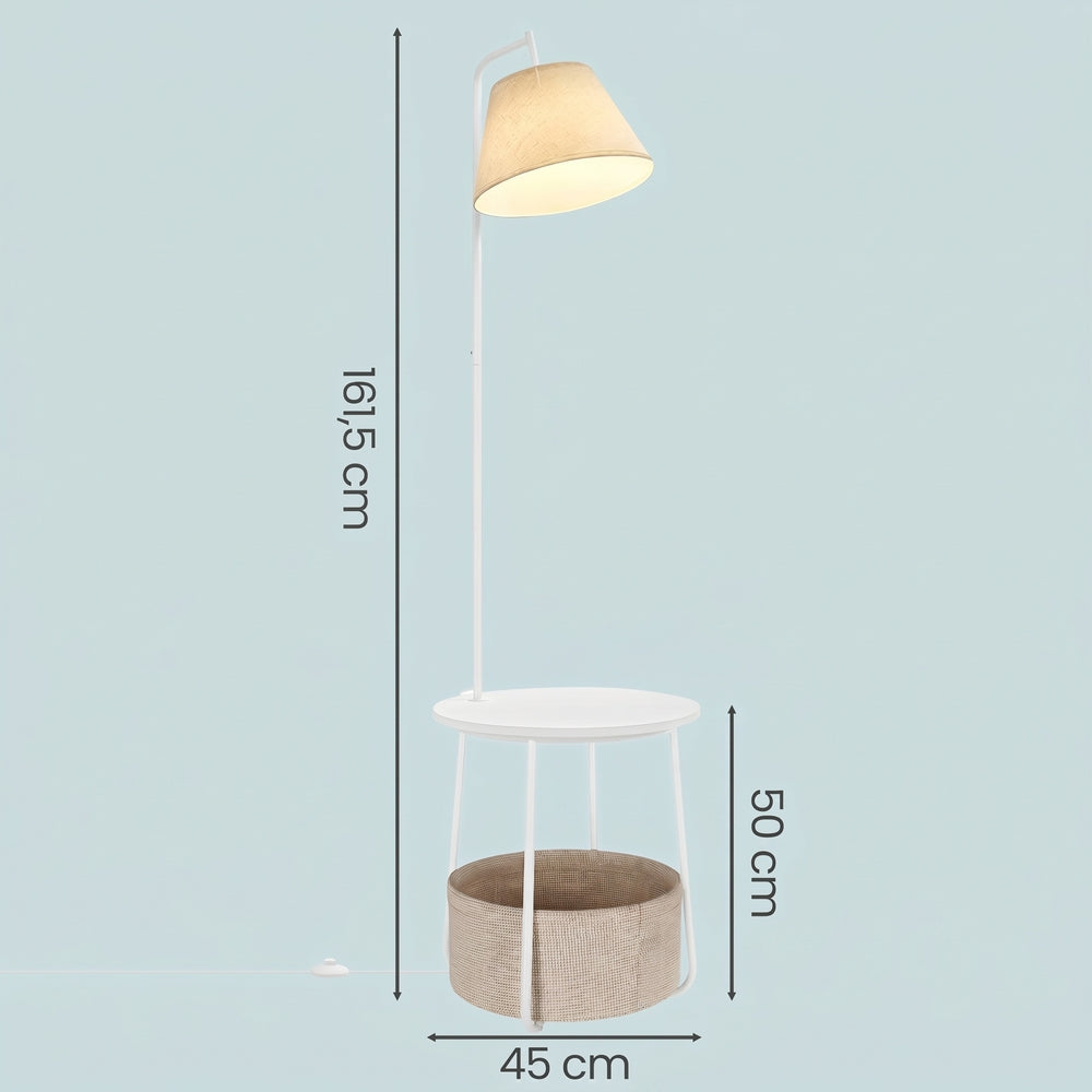 White LED Floor Lamp with Side Table and Fabric Basket