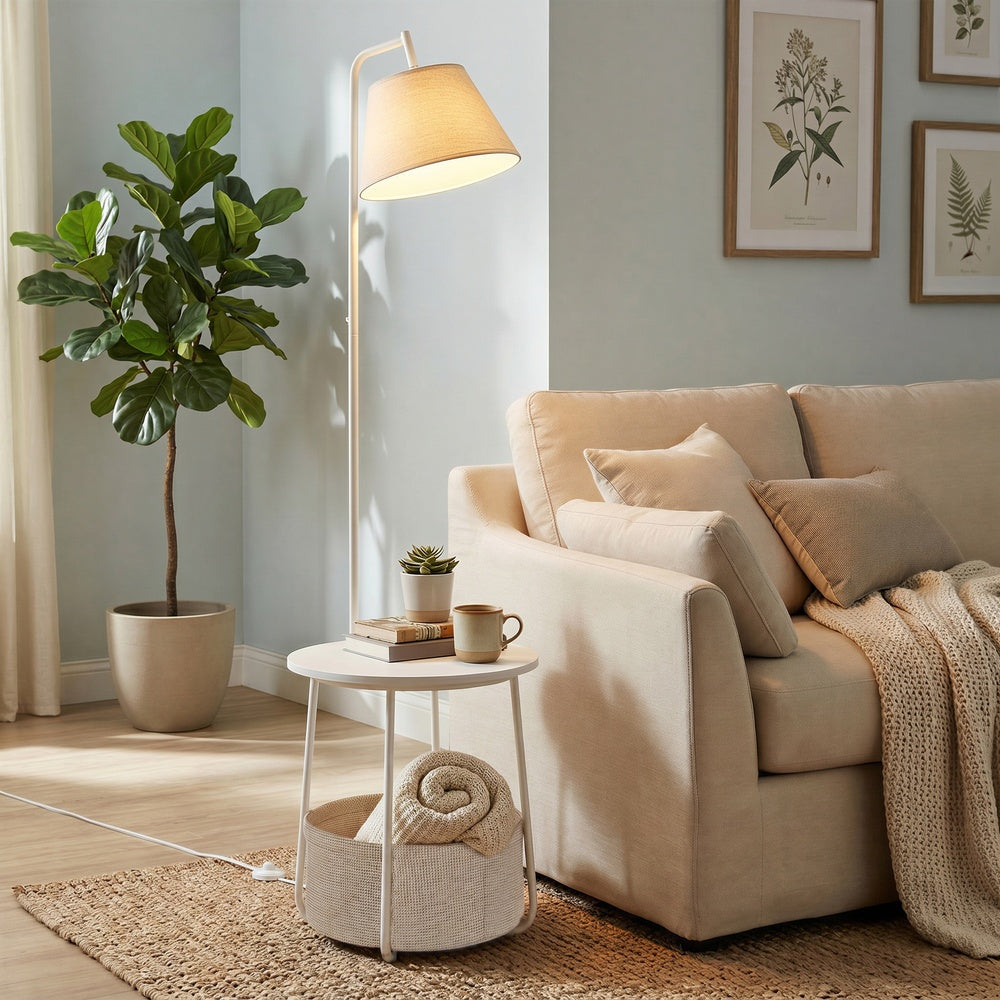White LED Floor Lamp with Side Table and Fabric Basket