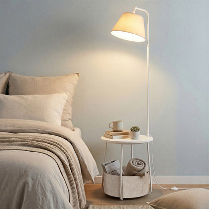 White LED Floor Lamp with Side Table and Fabric Basket