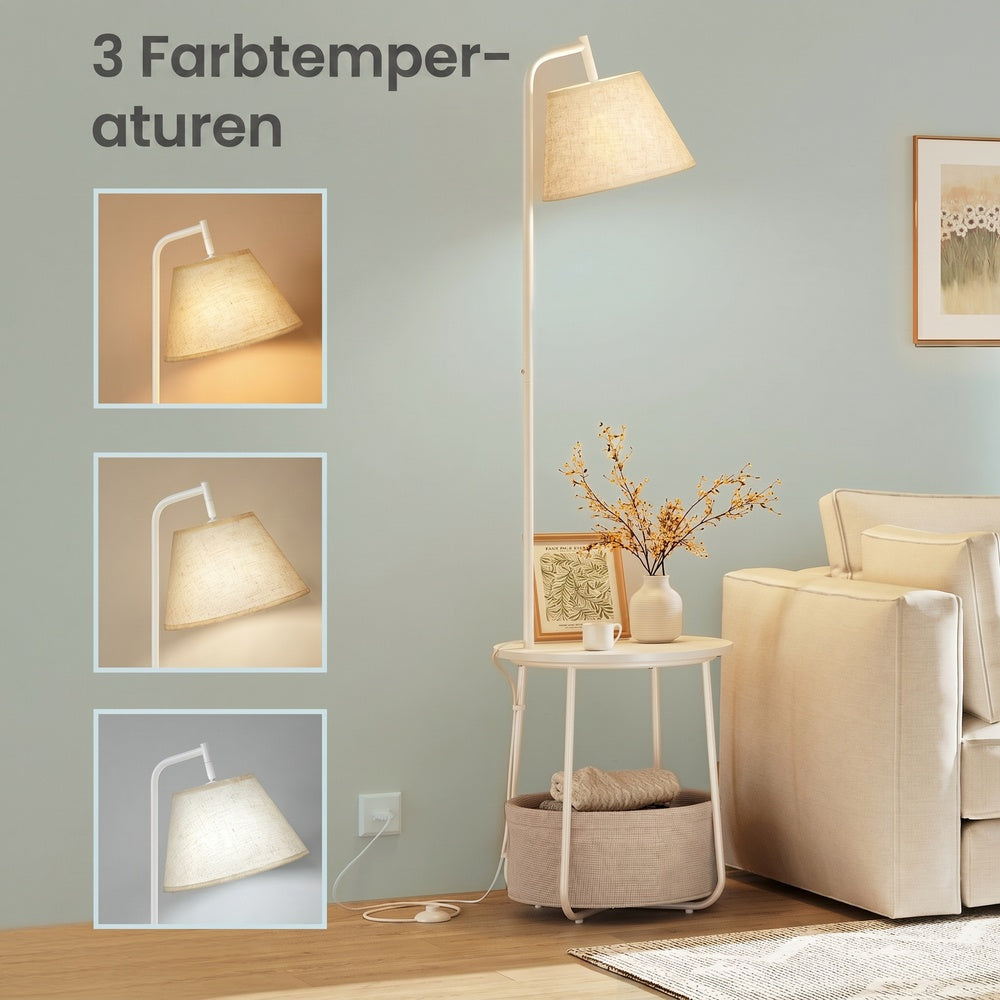 White LED Floor Lamp with Side Table and Fabric Basket