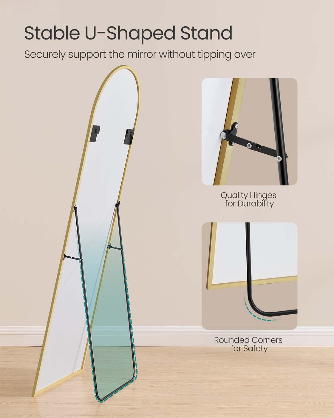 Full Length Mirror 160 x 50 cm Arched with Stand Pale Gold - image 5
