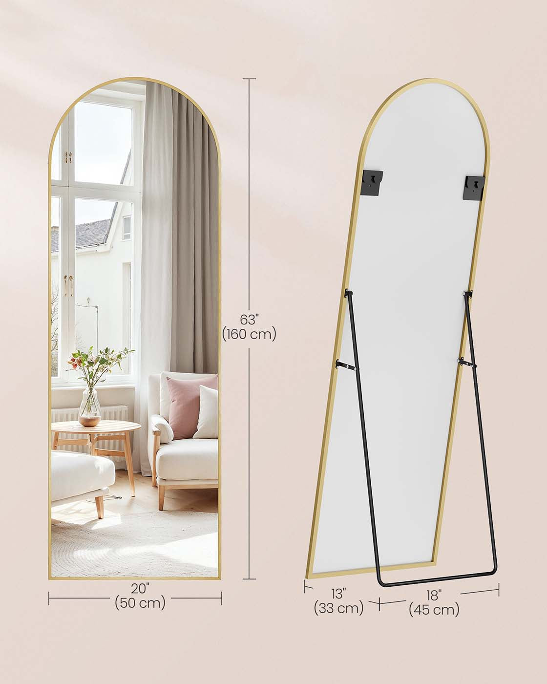 Full Length Mirror 160 x 50 cm Arched with Stand Pale Gold - image 6