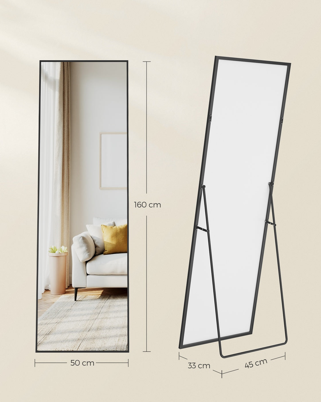 Full Length Mirror Rectangle Full Body Floor Mirror with Stand 160 x 50 cm Matte Black