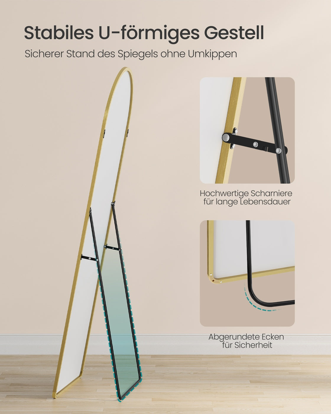 Full Length Mirror Arched Full Body Floor Mirror with Stand 160 x 50 cm Pale Gold
