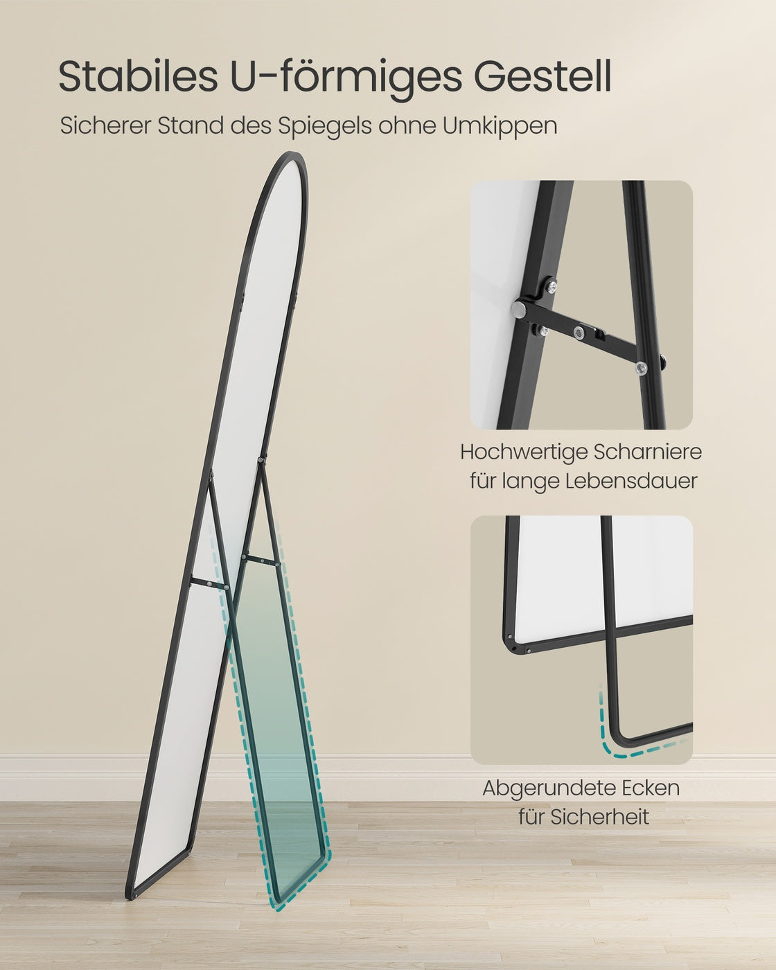 Full Length Mirror Arched Full Body Floor Mirror with Stand 160 x 50 cm Matte Black