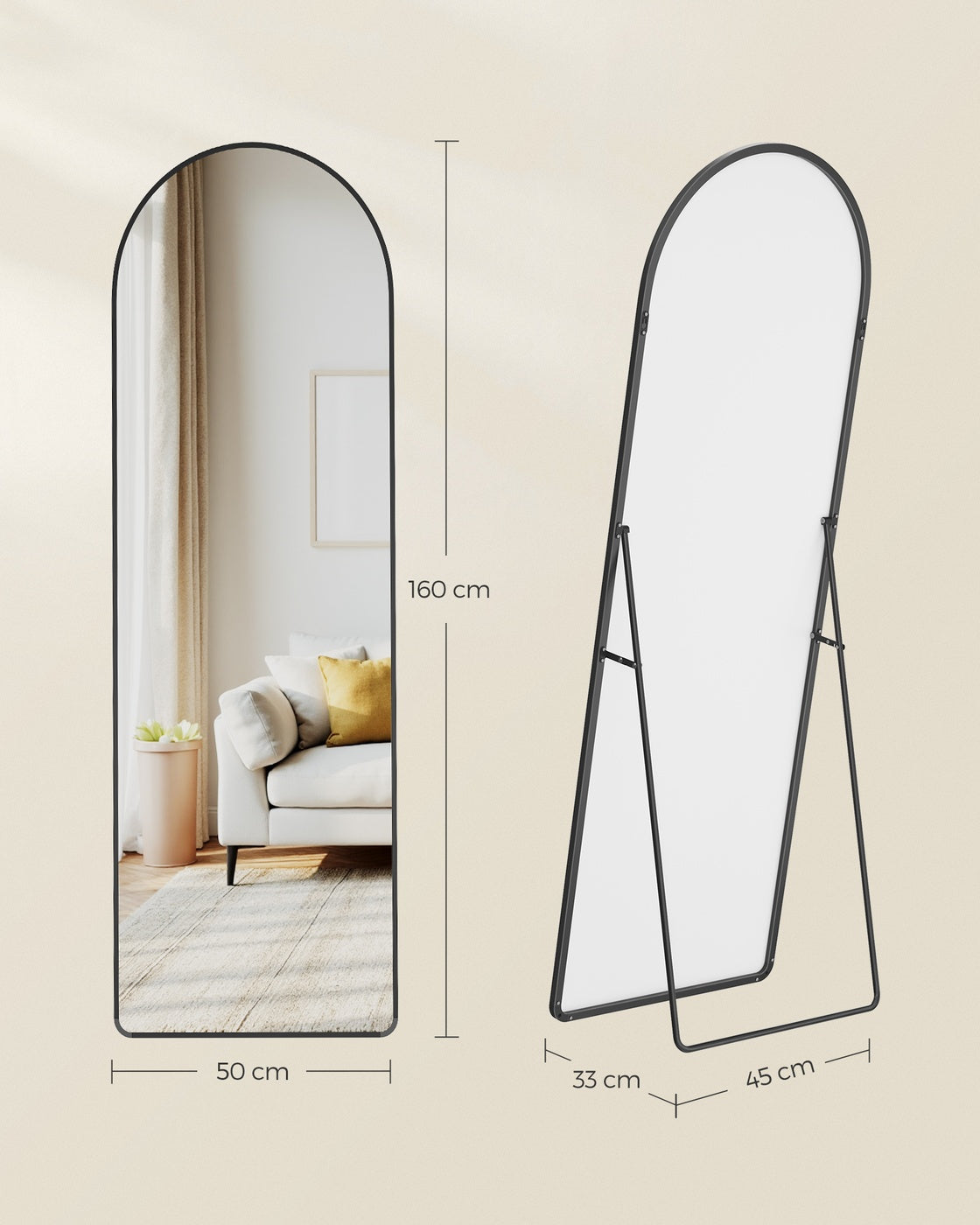 Full Length Mirror Arched Full Body Floor Mirror with Stand 160 x 50 cm Matte Black