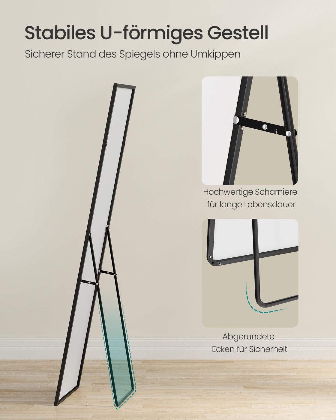 Full Length Mirror Rectangle Full Body Floor Mirror with Stand 160 x 50 cm Matte Black