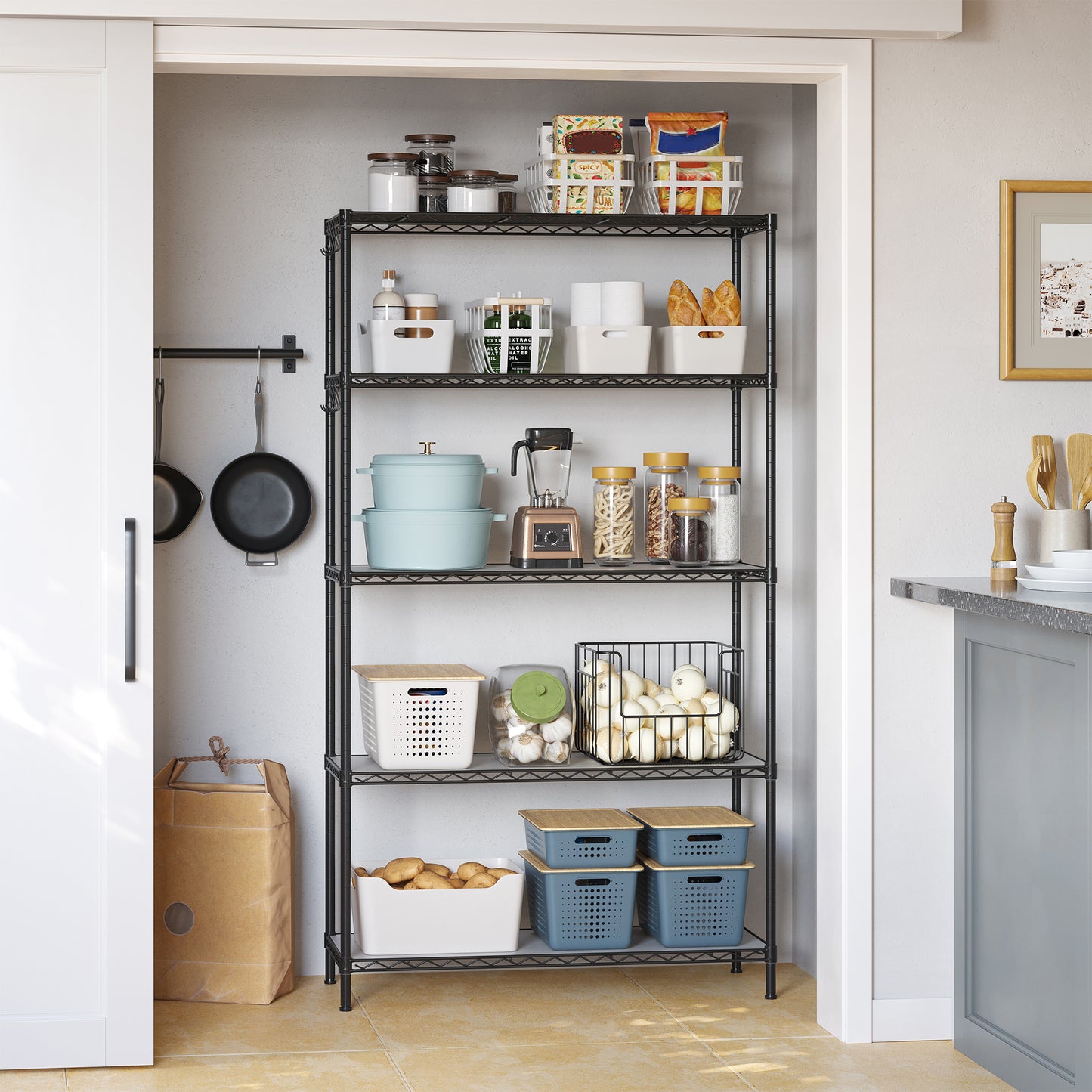 5-Tier Storage Shelves with Adjustable Shelves, Shelf Liners, 8 Hooks - image 3