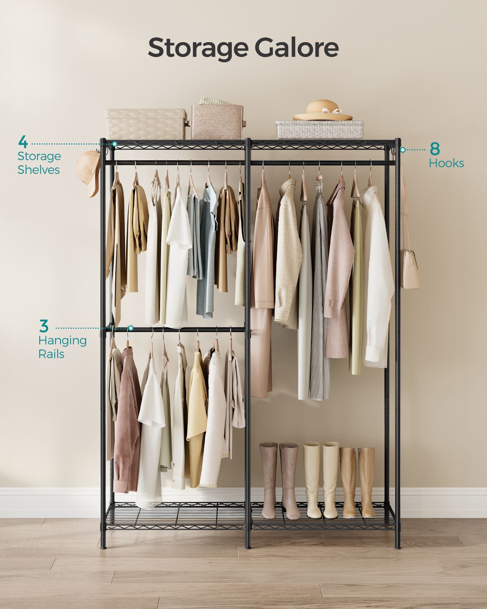 Metal Clothing Rack with Adjustable Shelves and Hanging Rails - HWLEXTRA 