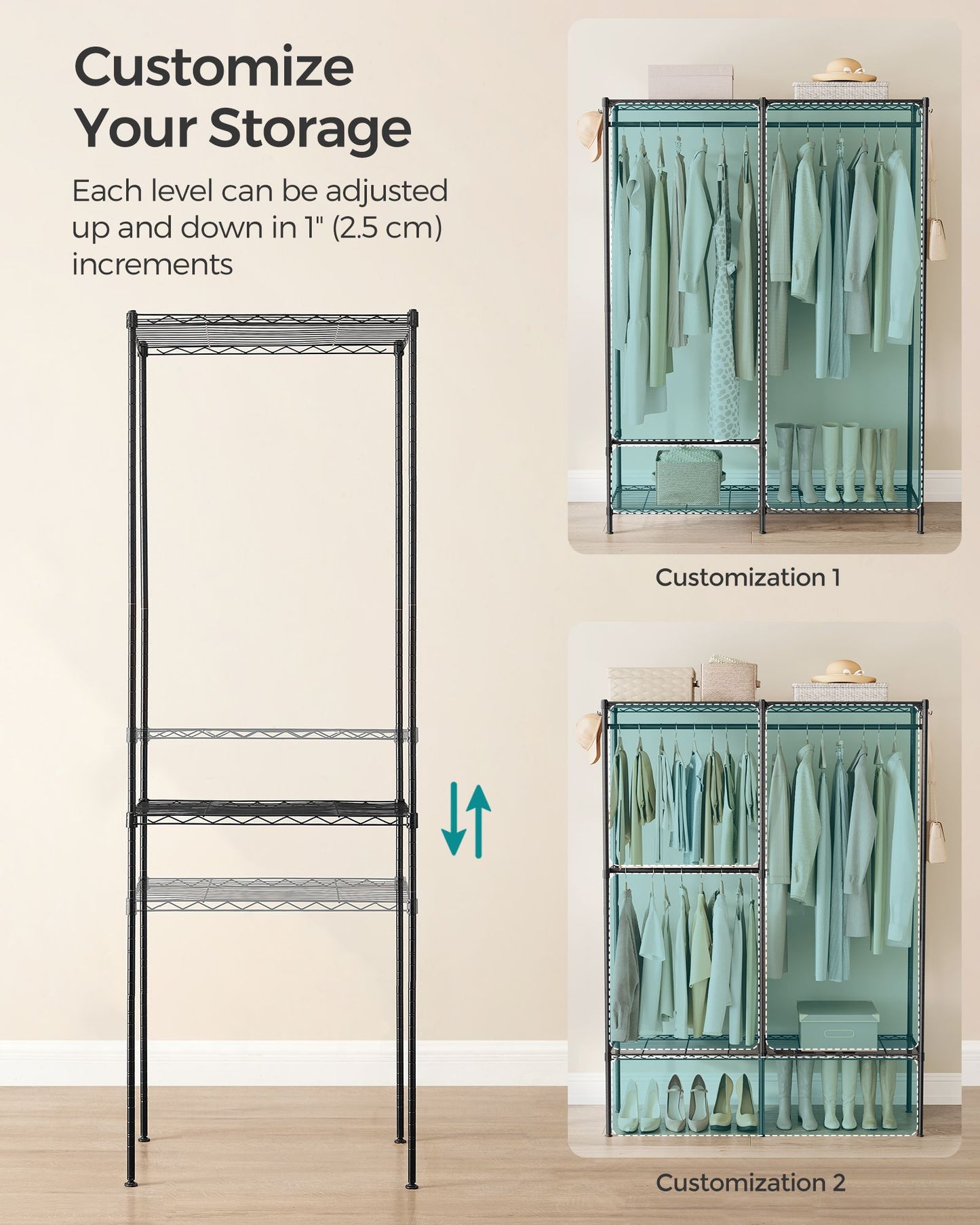Metal Clothing Rack with Adjustable Shelves and Hanging Rails - HWLEXTRA 