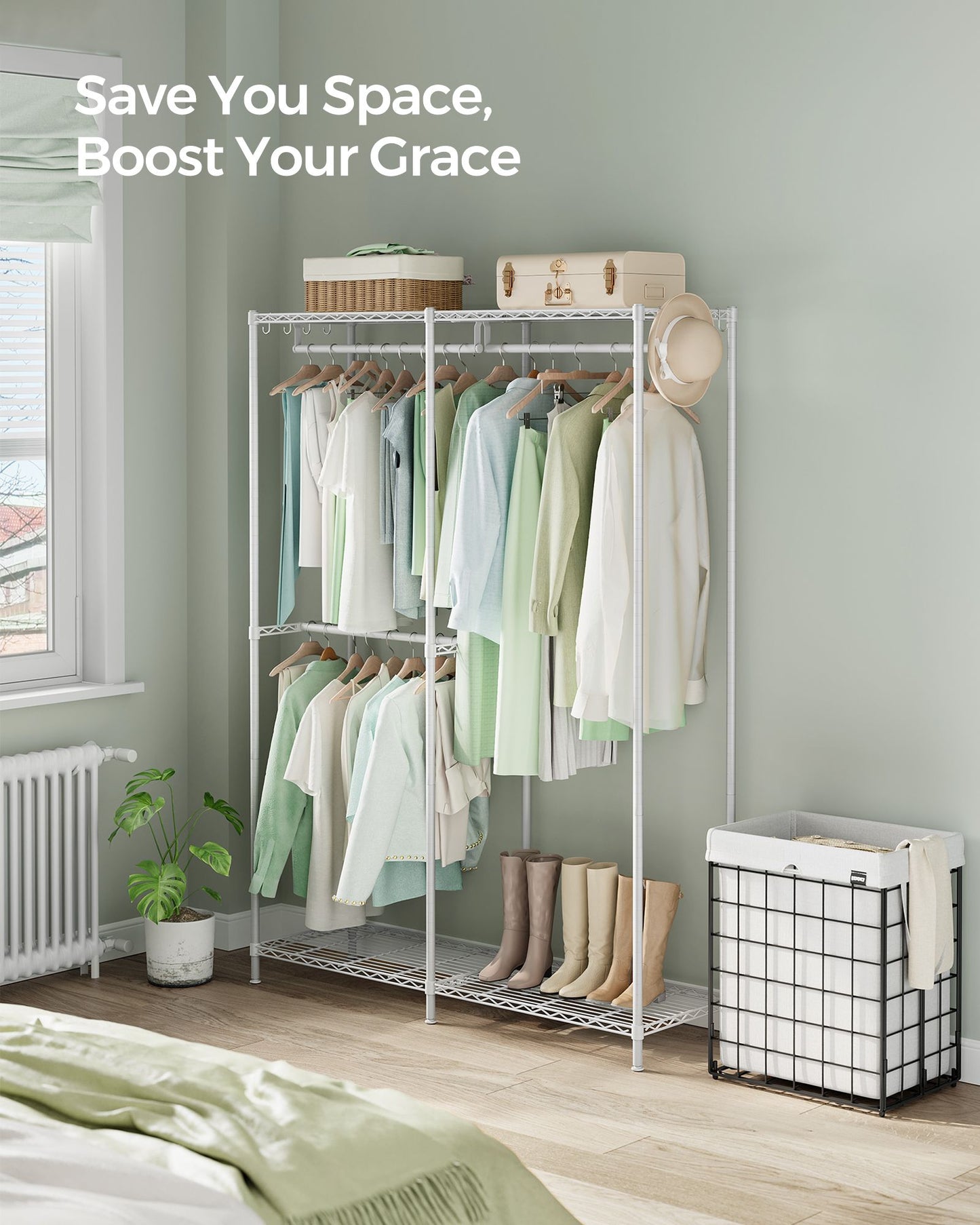 Metal Clothing Rack with Adjustable Shelves and Hanging Rails - HWLEXTRA 