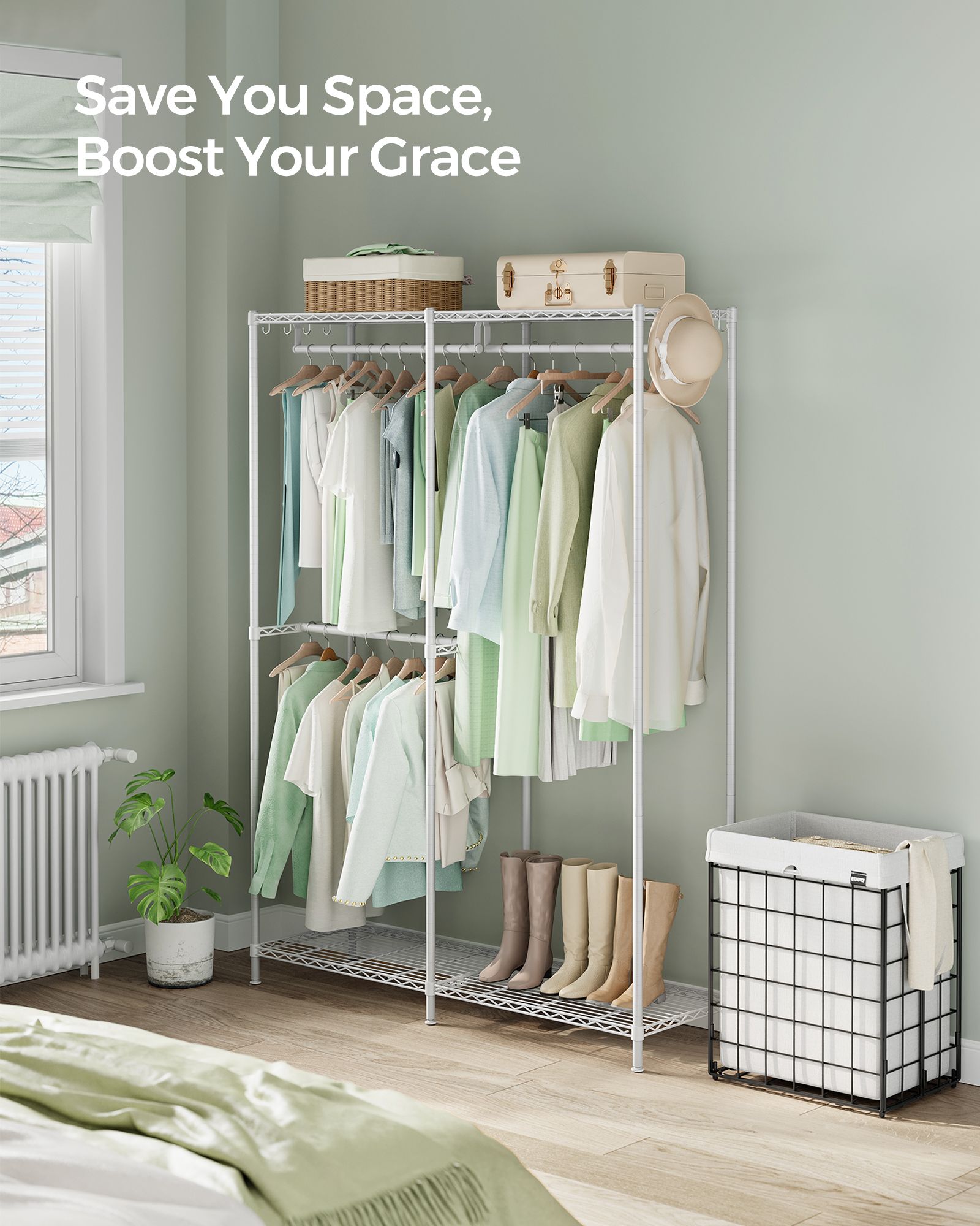 Metal Clothing Rack with Adjustable Shelves and Hanging Rails - HWLEXTRA 