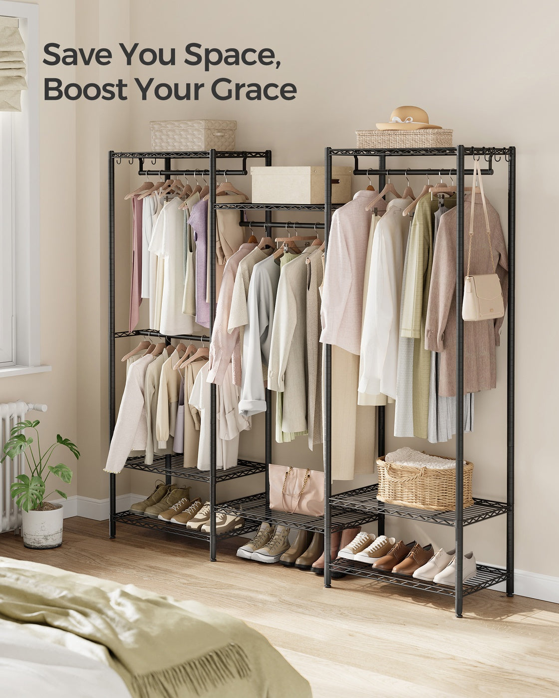 Clothes Rack, Metal Wardrobe with Shelves, Ink Black - image 4