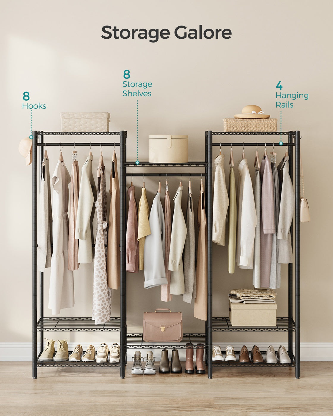 Clothes Rack, Metal Wardrobe with Shelves, Ink Black - image 5