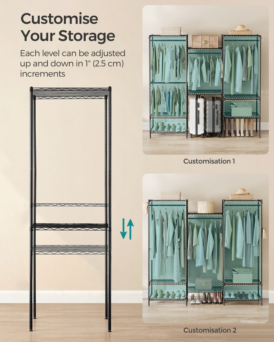 Clothes Rack, Metal Wardrobe with Shelves, Ink Black - image 6