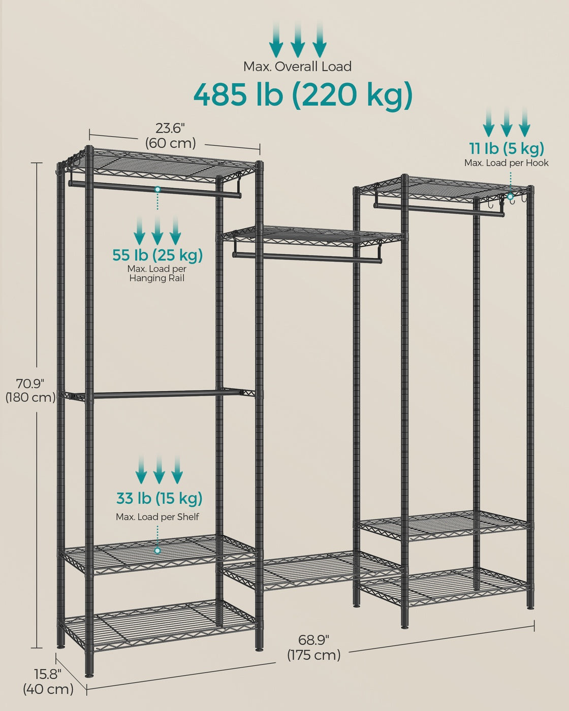 Clothes Rack, Metal Wardrobe with Shelves, Ink Black - image 7