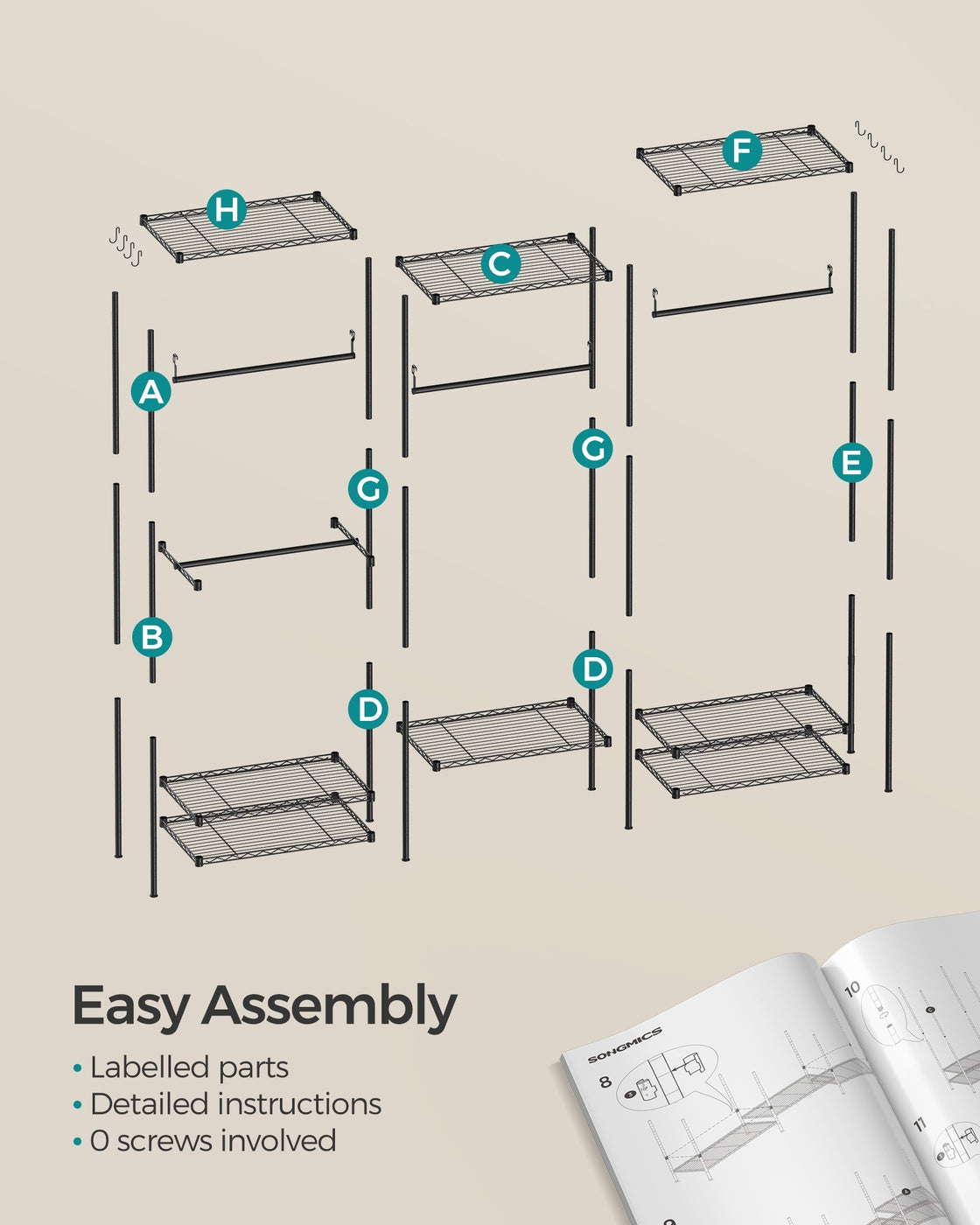 Clothes Rack, Metal Wardrobe with Shelves, Ink Black - image 9