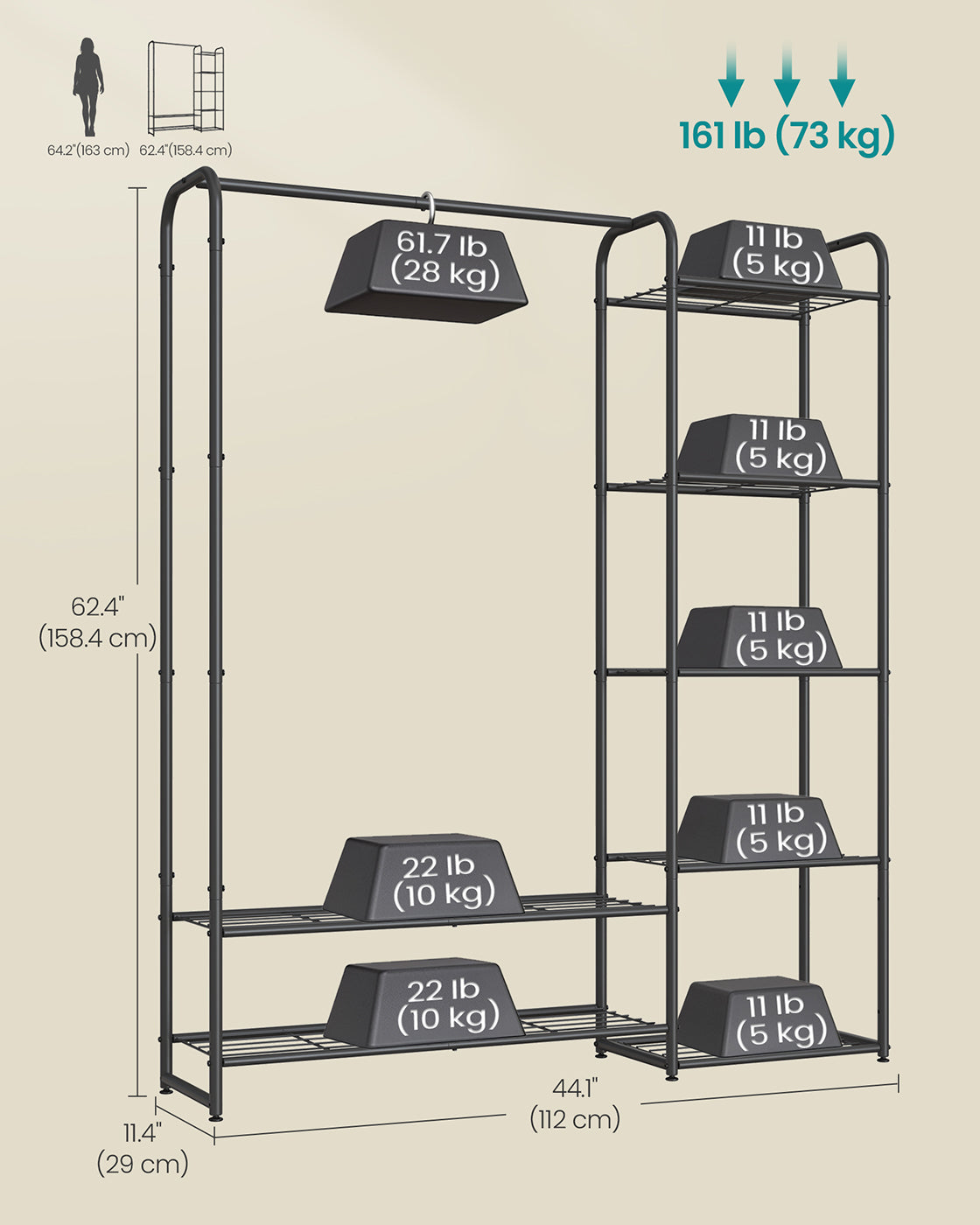 Clothes Rack Open Wardrobe 29 x 112 x 158.4 cm Metal Ink Black - image 5