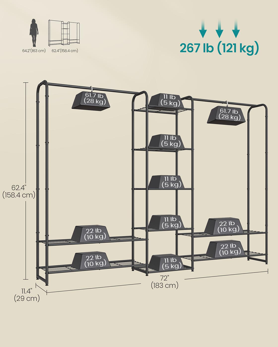 Clothes Hanger Open Wardrobe with Storage Shelves Matt Black - image 5