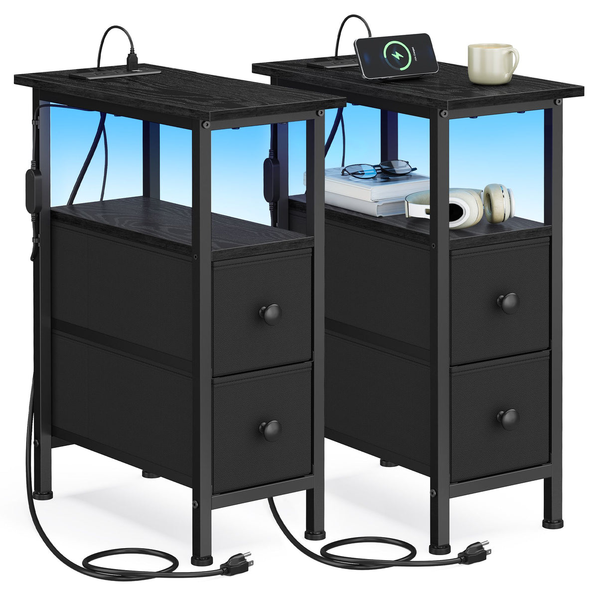 Side Table with LED Light, Narrow End Table with 2 Drawers, Nightstand with Charging Station, Living Room - image 4