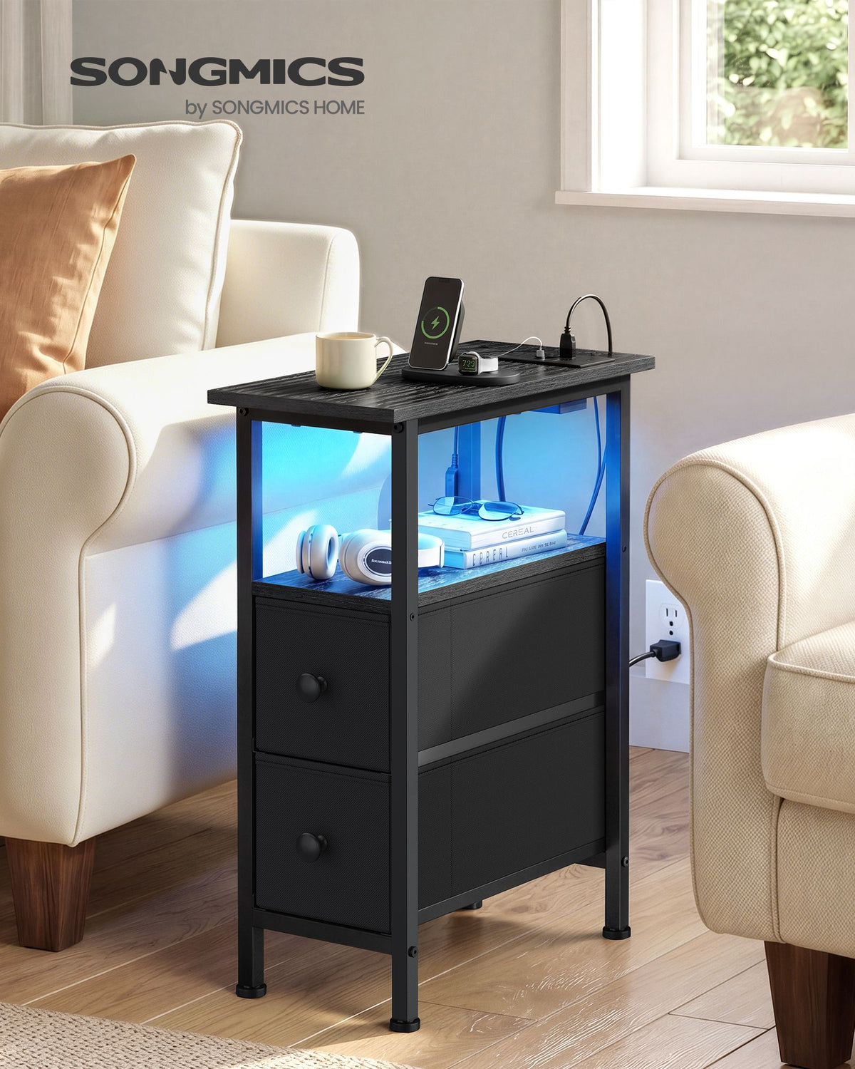 Side Table with LED Light, Narrow End Table with 2 Drawers, Nightstand with Charging Station, Living Room
