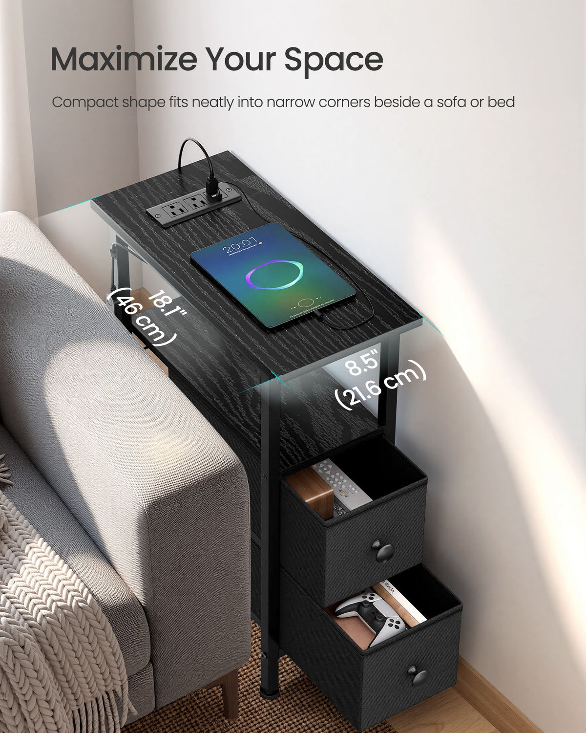 Side Table with LED Light, Narrow End Table with 2 Drawers, Nightstand with Charging Station, Living Room