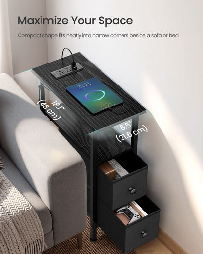 Side Table with LED Light, Narrow End Table with 2 Drawers, Nightstand with Charging Station, Living Room