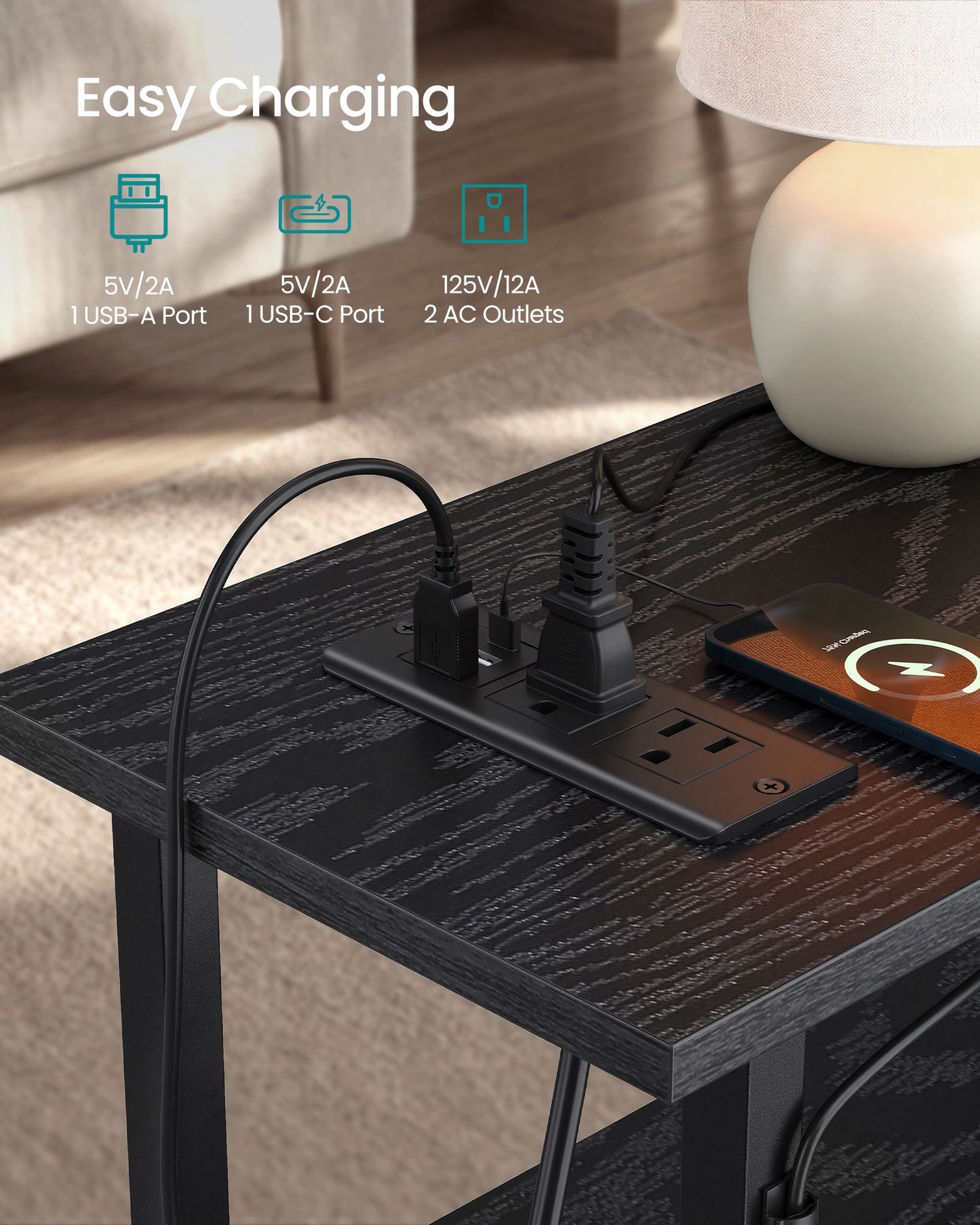 Side Table with LED Light, Narrow End Table with 2 Drawers, Nightstand with Charging Station, Living Room - image 5