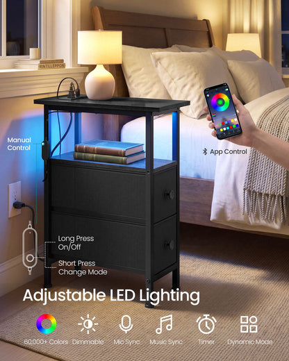 Side Table with LED Light, Narrow End Table with 2 Drawers, Nightstand with Charging Station, Living Room