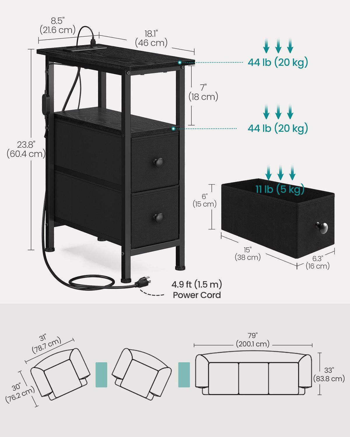 Side Table with LED Light, Narrow End Table with 2 Drawers, Nightstand with Charging Station, Living Room